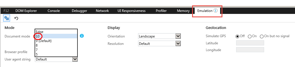 Screenshot of IE Developer Tools Emulation Settings